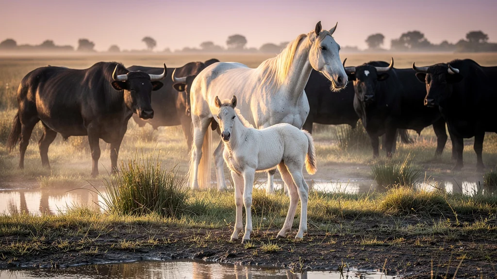Matinée en Camargue avec un poulain protégé par une jument au milieu des taureaux sauvages