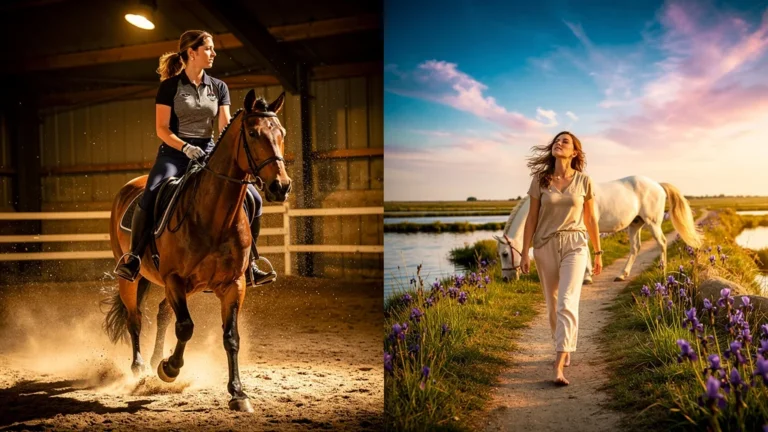 Contraste réaliste entre une semaine de travail en carrière équestre et une balade paisible en Camargue