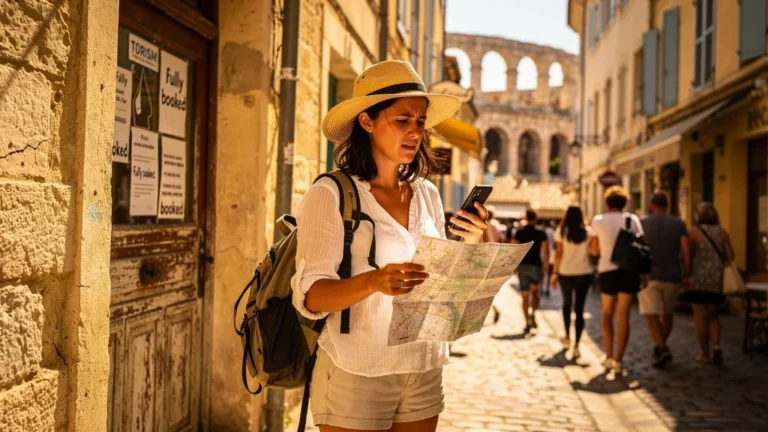 Voyageuse frustrée à Arles en août sans réservation en Camargue, rues bondées et chaleur étouffante