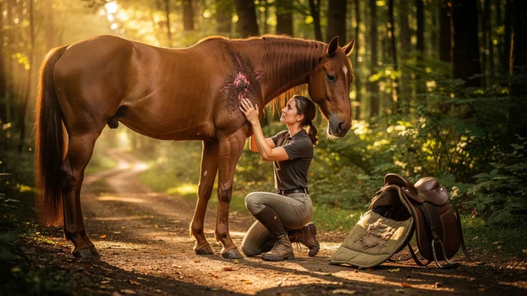 Cheval blessé au garrot après une longue sortie avec un tapis trop fin, douleur et soins à l'arrêt