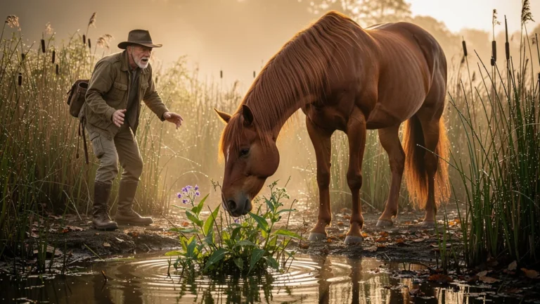 Cheval mangeant une plante des marais inconnue, scène réaliste illustrant une grosse frayeur