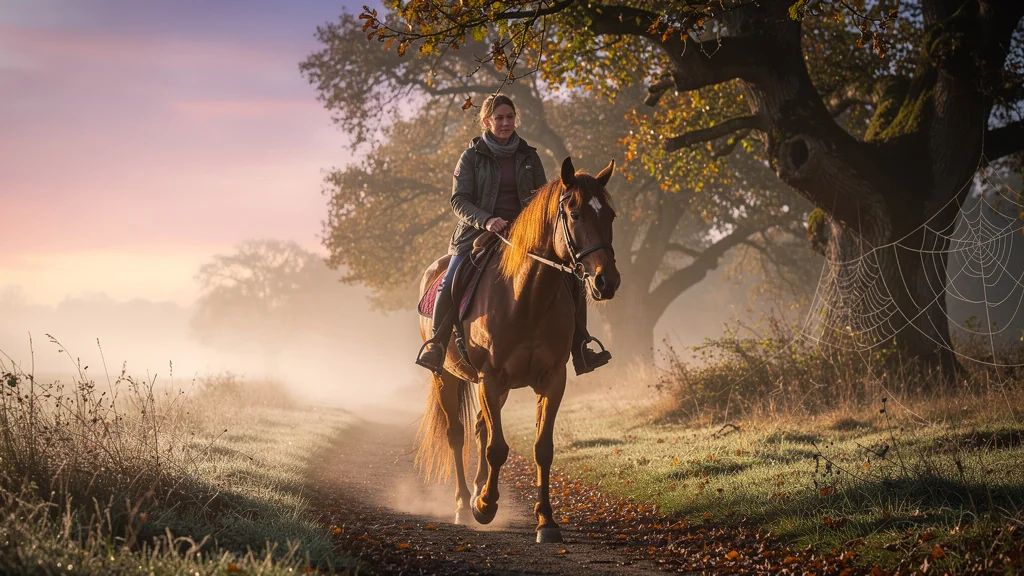 Balade à cheval au lever du jour avec un cheval raide au réveil sur un sentier campagnard brumeux