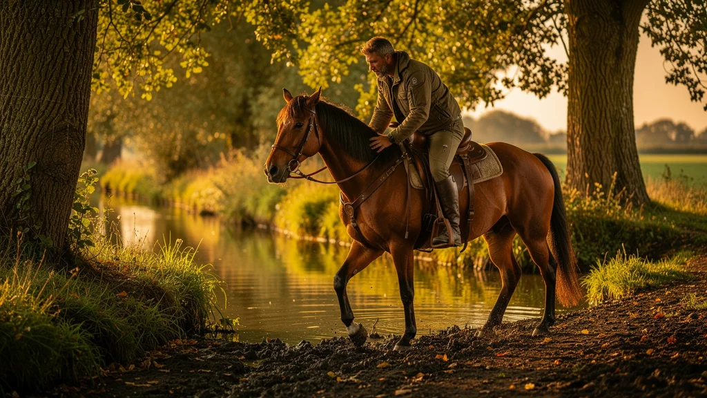 Moment suspendu avant de faire traverser un canal à un cheval méfiant au bord d’un paysage naturel