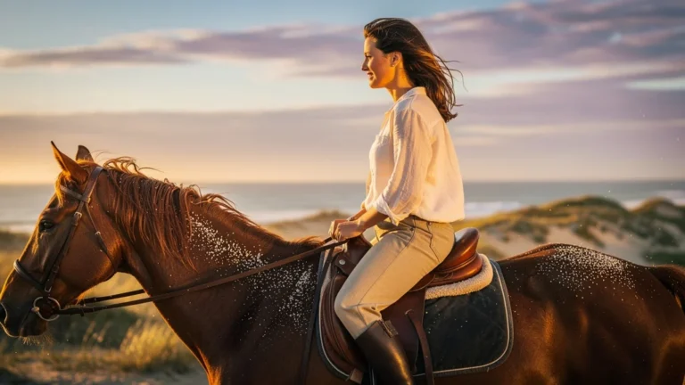 Cheval au poil salé après balade au bord de mer, capturant l’essence du sel séché sur l’encolure