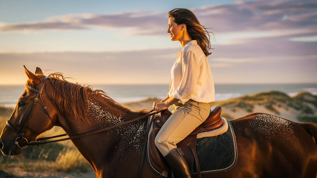 Cheval au poil salé après balade au bord de mer, capturant l’essence du sel séché sur l’encolure