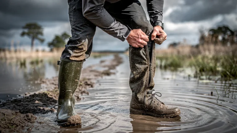 Comparaison réaliste bottes hautes et guêtres sur terrain inondé boueux et sableux sur 20 km