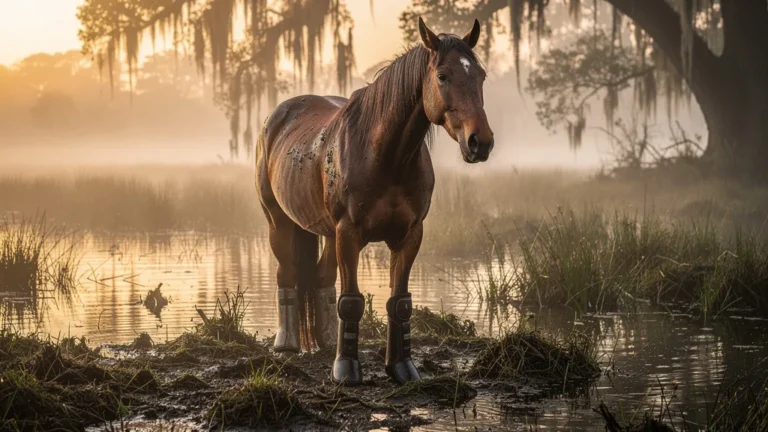 Cheval en terrain marécageux avec guêtres néoprène et cloches, comparatif équipement équin humide