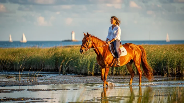 Jeune femme lâchant les étriers à cheval dans les sansouïres sous un coucher de soleil doré