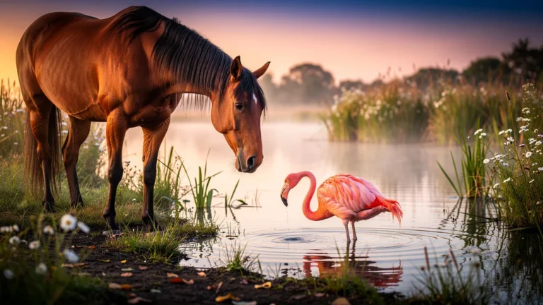 Cheval hésitant devant un flamant rose dans un étang au petit matin, ambiance naturelle paisible