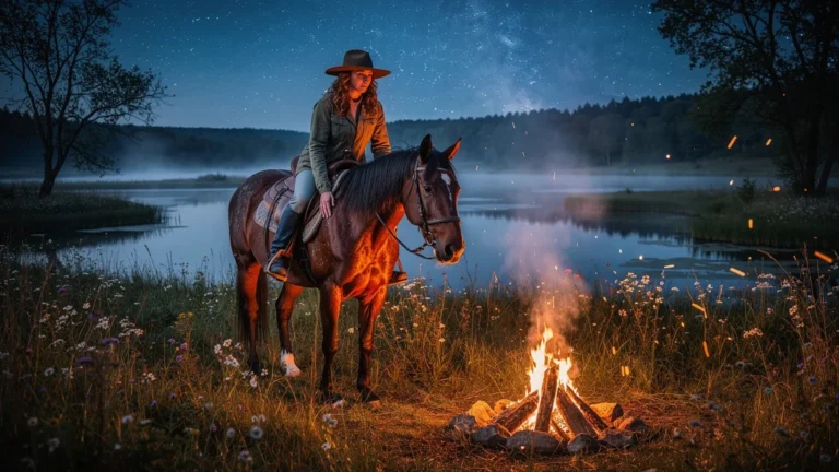 Première nuit de bivouac à cheval près des étangs sous un ciel étoilé et ambiance paisible