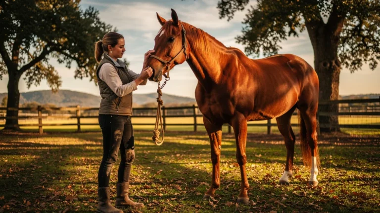 Femme préparant sa première sortie à cheval avec un licol corde dans un paddock au soleil