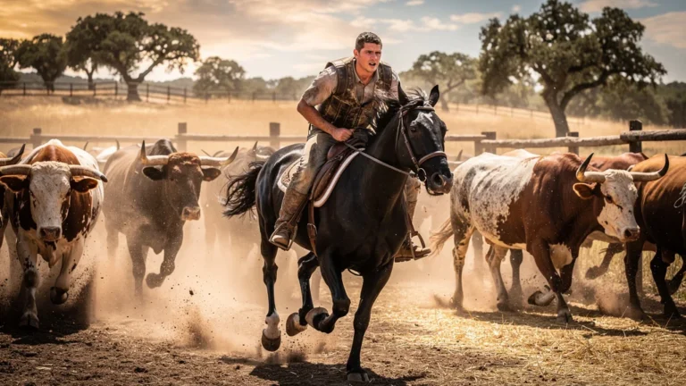 Jeune cavalier serre les rênes face à une manade de taureaux, tension intense sur la monture non habituée