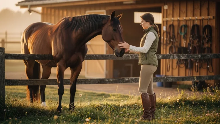 Jeune femme calme apaisant son cheval stressé avant de le seller, moment de connexion et patience