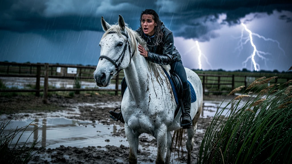 Orage violent en Camargue au centre équestre des Salicornes avec un cheval blanc sauvant sa cavalière