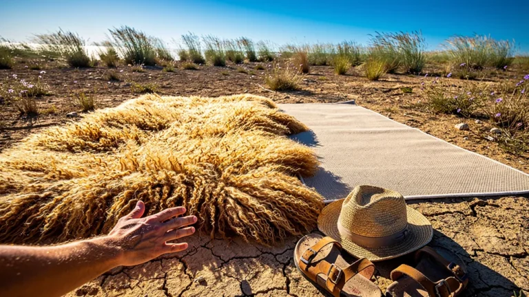 Comparaison tapis mouton et synthétique sous la chaleur intense de la Camargue, verdict photo ultra-réaliste