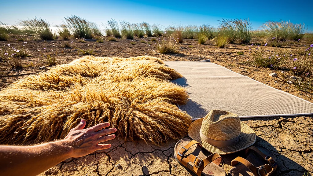 Comparaison tapis mouton et synthétique sous la chaleur intense de la Camargue, verdict photo ultra-réaliste