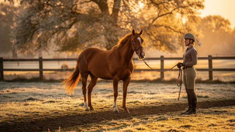 Cheval calme en longe courte avant balade pour canaliser un cheval pressé, travail en longe efficace