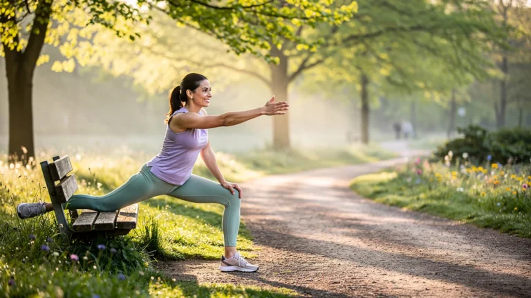 Femme effectuant un assouplissement de dix minutes avant balade dans un parc verdoyant au lever du jour