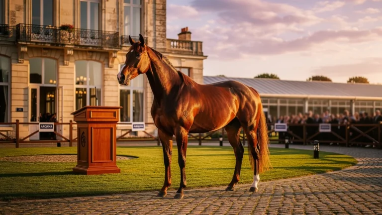 Vue hyper-réaliste des enchères Arqana avec un pur-sang élégant sous la lumière dorée d'automne
