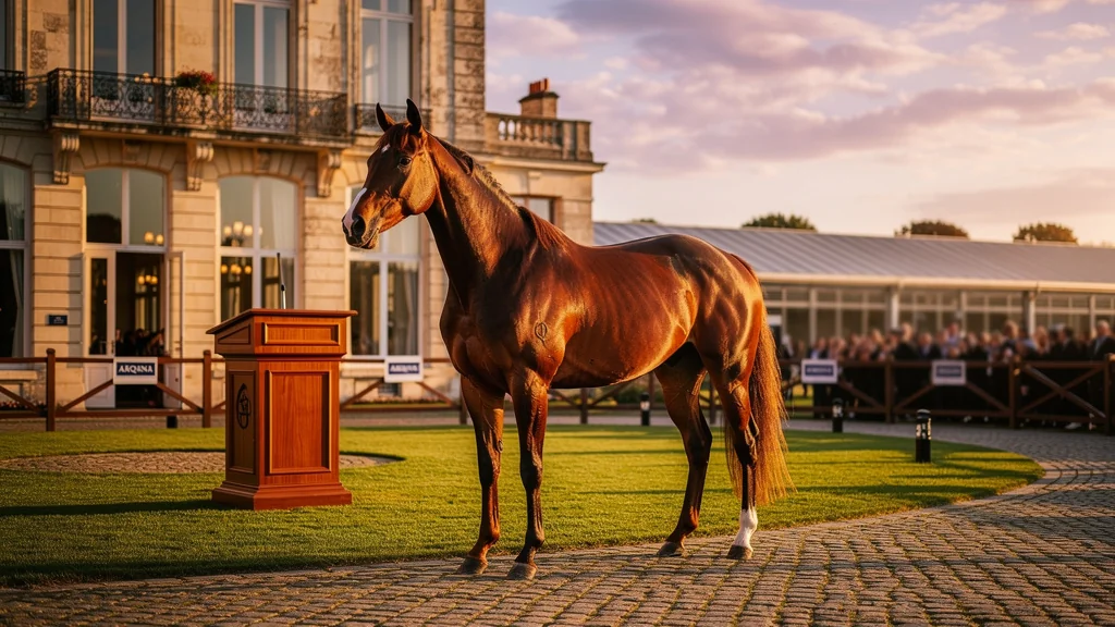 Vue hyper-réaliste des enchères Arqana avec un pur-sang élégant sous la lumière dorée d'automne