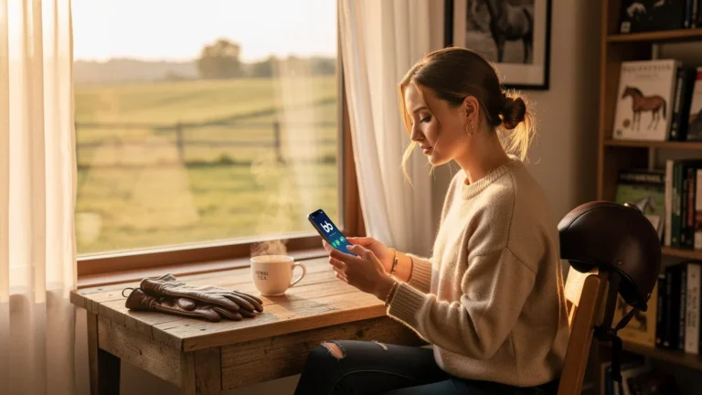 Portrait réaliste d'une rédactrice équitation avec application b4b dans un bureau lumineux et cosy