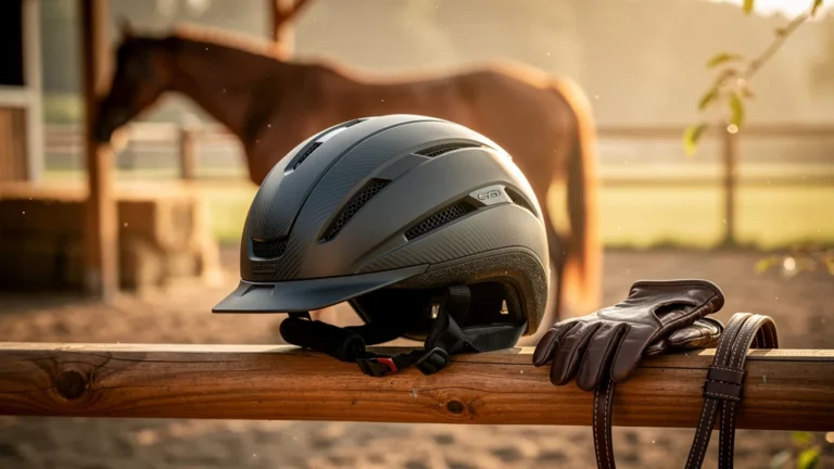 Bombe équitation moderne noire avec textures détaillées posée sur clôture en bois stable en lumière dorée