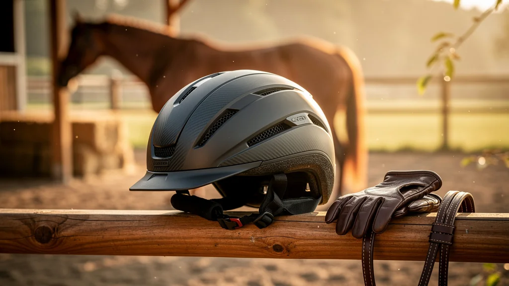 Bombe équitation moderne noire avec textures détaillées posée sur clôture en bois stable en lumière dorée