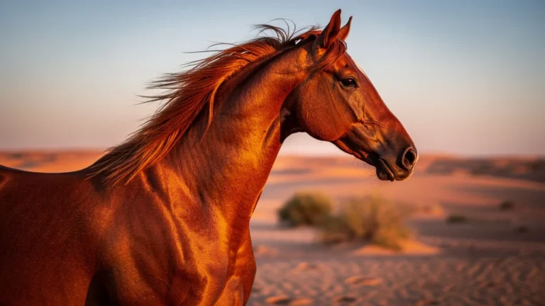 Cheval arabe au profil élégant dans un paysage désertique au coucher de soleil, détail hyper-réaliste