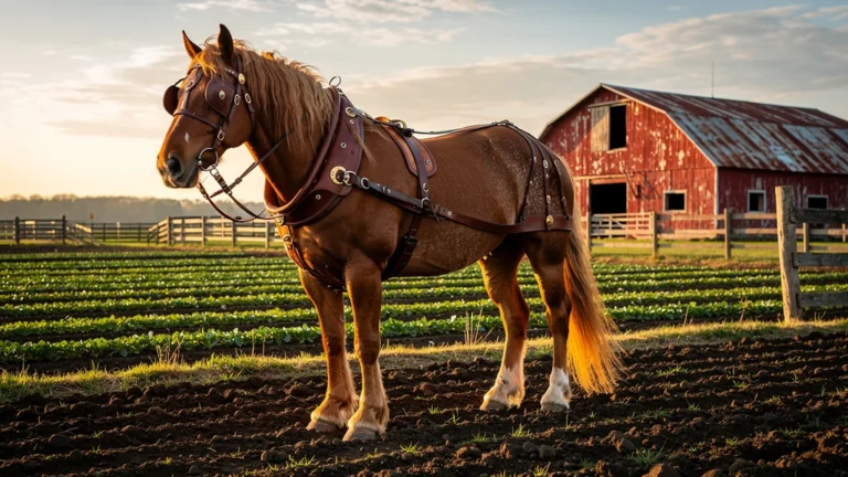 Cheval de trait puissant au travail dans un champ rural, efficacité mesurée après 3 mois