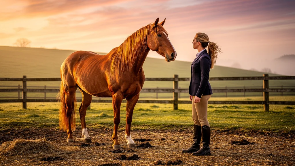 Photo réaliste d'un cheval pro au paddock au coucher du soleil avec une cavalière professionnelle réfléchie