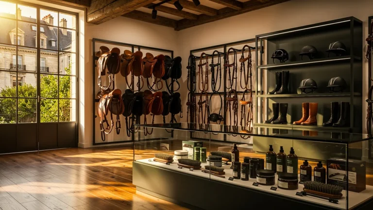 Intérieur hyperréaliste d’un cheval shop à Nantes avec sellerie et équipement équestre haut de gamme