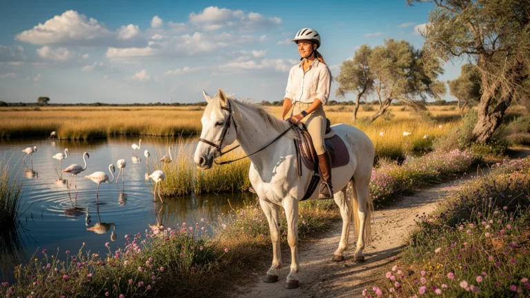 Débuter à cheval l'été en Camargue avec une cavalière débutante sur un cheval blanc en paysage de marais ensoleillé