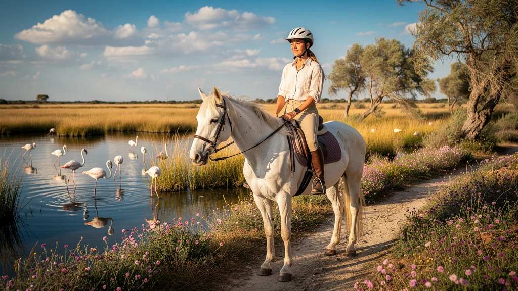 Débuter à cheval l'été en Camargue avec une cavalière débutante sur un cheval blanc en paysage de marais ensoleillé