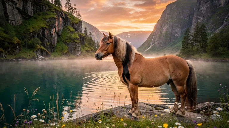 Cheval Fjord au bord d’un fjord nordique, paysage naturel en lumière dorée ultra-réaliste