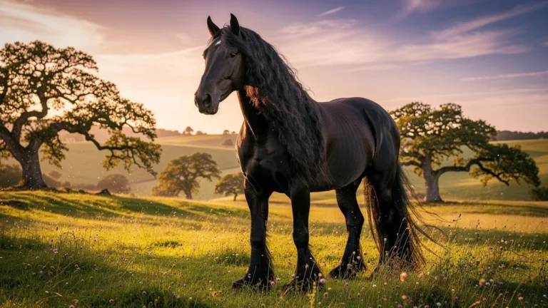 Frison cheval noir majestueux dans un paysage champêtre au coucher de soleil, détails ultra-réalistes