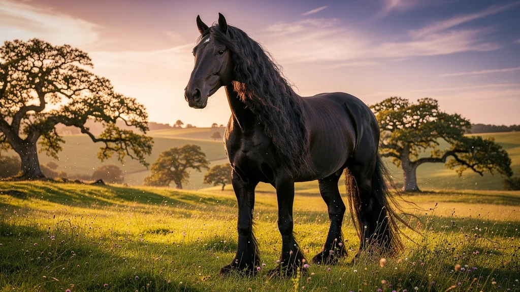 Frison cheval noir majestueux dans un paysage champêtre au coucher de soleil, détails ultra-réalistes