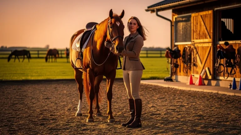 Femme rédactrice équitation avec cheval au centre équestre lumineux pour avis IFCE détaillé