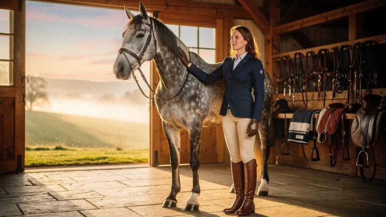 Portrait hyper-réaliste d’une rédactrice équitation avec un cheval dans un box au lever du jour laurafoot