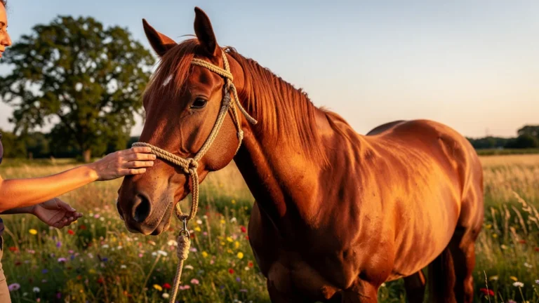Cheval au licol éthologique en extérieur, démontrant confiance et confort en lumière naturelle dorée