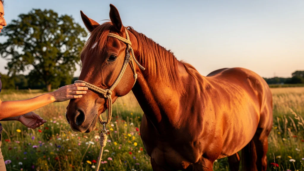Cheval au licol éthologique en extérieur, démontrant confiance et confort en lumière naturelle dorée