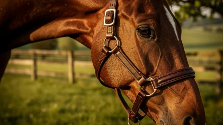 Licol cheval en cuir de qualité porté par un cheval bai dans un paddock en lumière naturelle