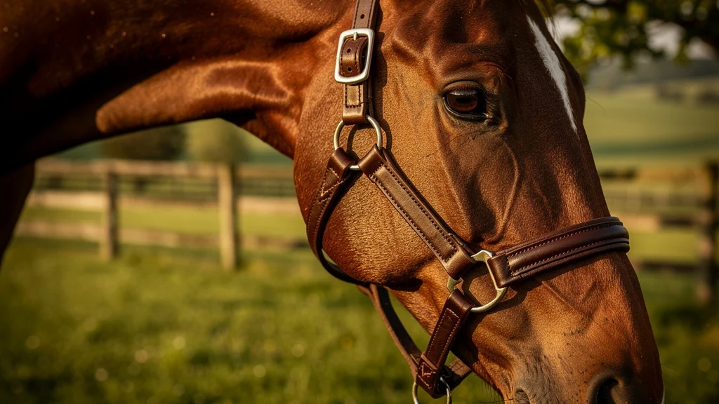 Licol cheval en cuir de qualité porté par un cheval bai dans un paddock en lumière naturelle