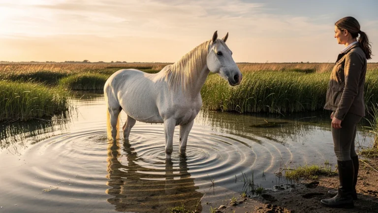 Première sortie en Camargue avec un cheval dans l'eau, paysage naturel et apaisant au lever du soleil