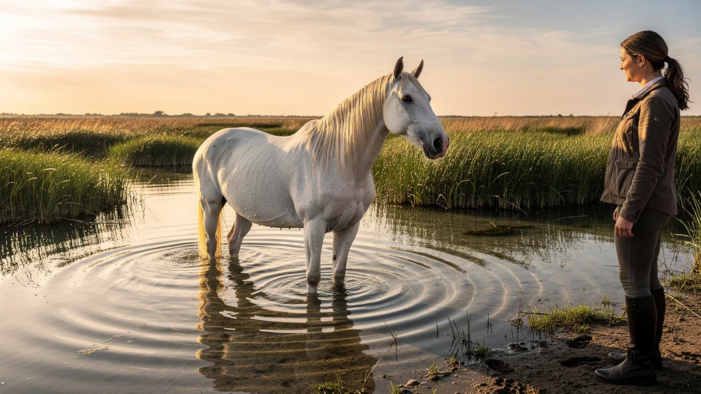 Première sortie en Camargue avec un cheval dans l'eau, paysage naturel et apaisant au lever du soleil