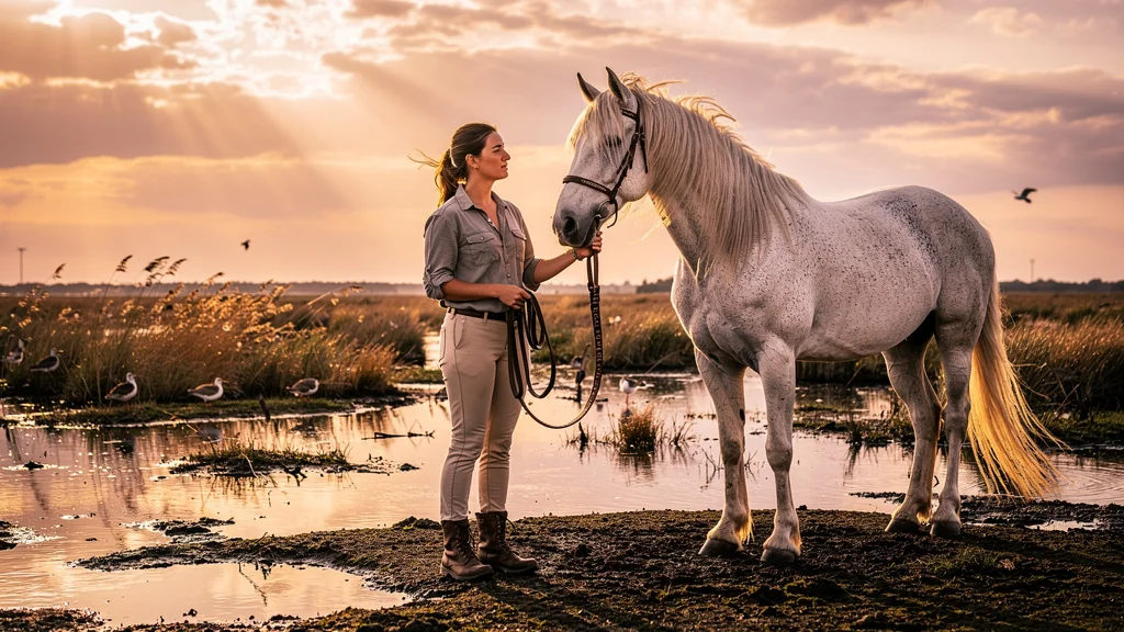 Femme tenant les rênes d’un cheval de Camargue dans une lumière dorée en plein marais