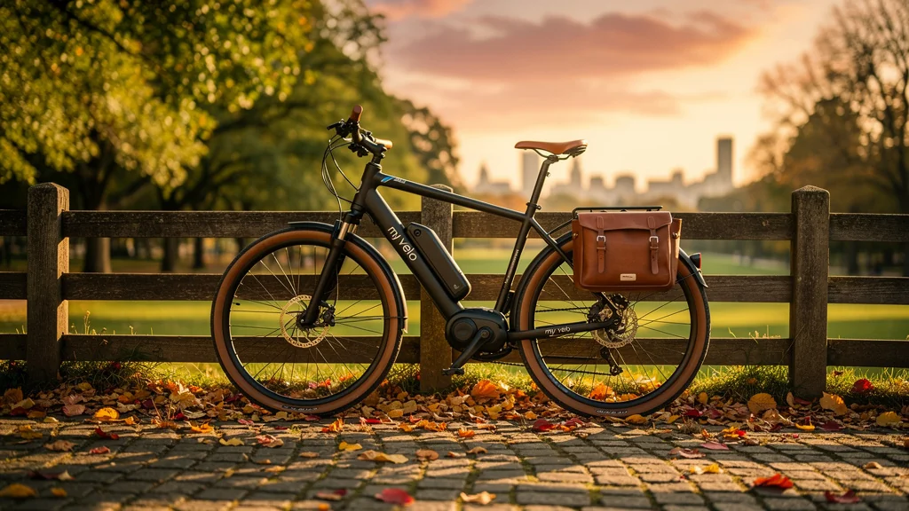 Vélo électrique moderne my velo appuyé sur une clôture en bois au crépuscule urbain paisible