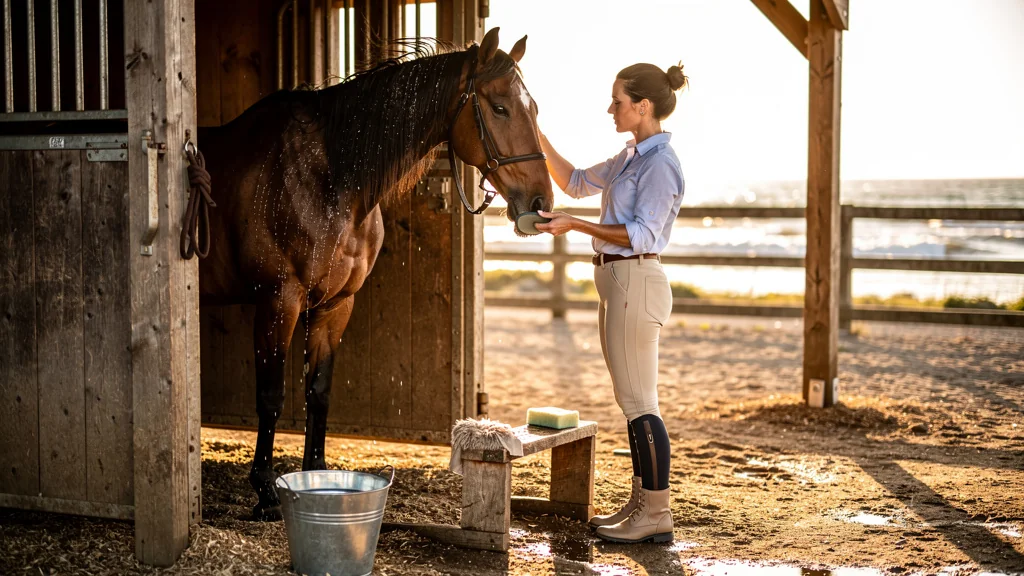 Femme pansant un cheval après une sortie en eau salée, soins étape par étape en bord de mer