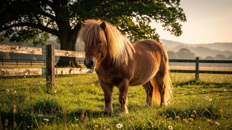 Poney Shetland dans un paddock rural au coucher du soleil, ambiance paisible et naturelle