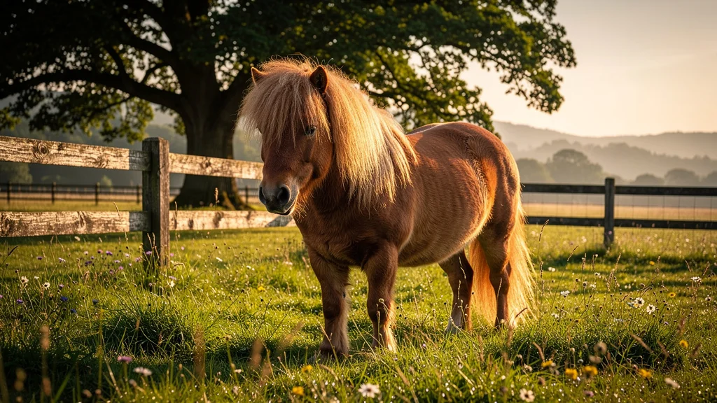 Poney Shetland dans un paddock rural au coucher du soleil, ambiance paisible et naturelle