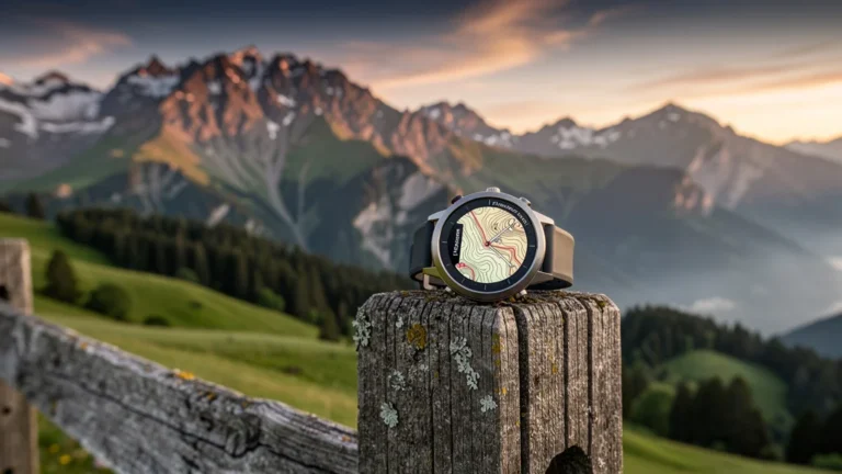 Paysage hyper-réaliste des Pyrénées au lever du jour avec montre Pyrenees Chrono sur une clôture en bois